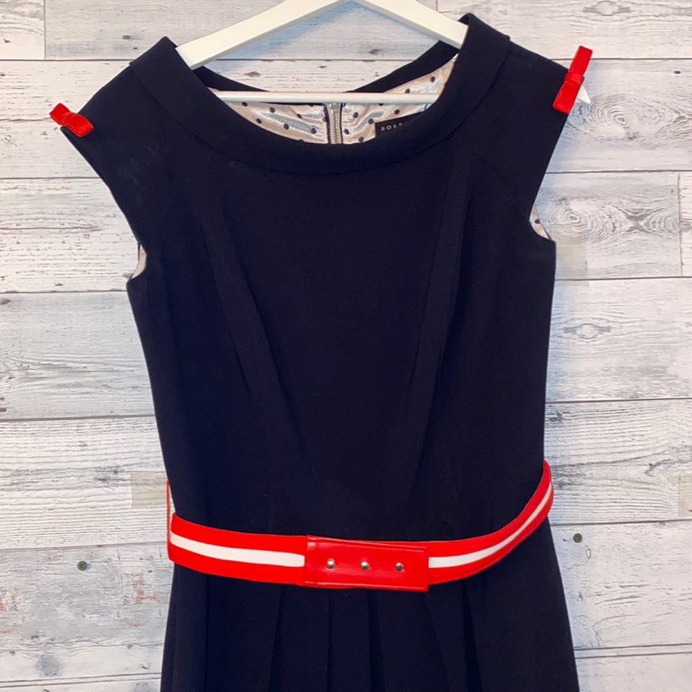 Ross Mayer Pinup Retro Navy Dress with Red Bows and Belt Size 4 Gorgeous